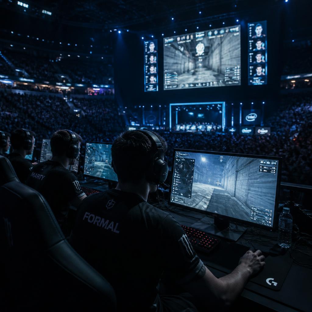 Esports players competing in a dark arena