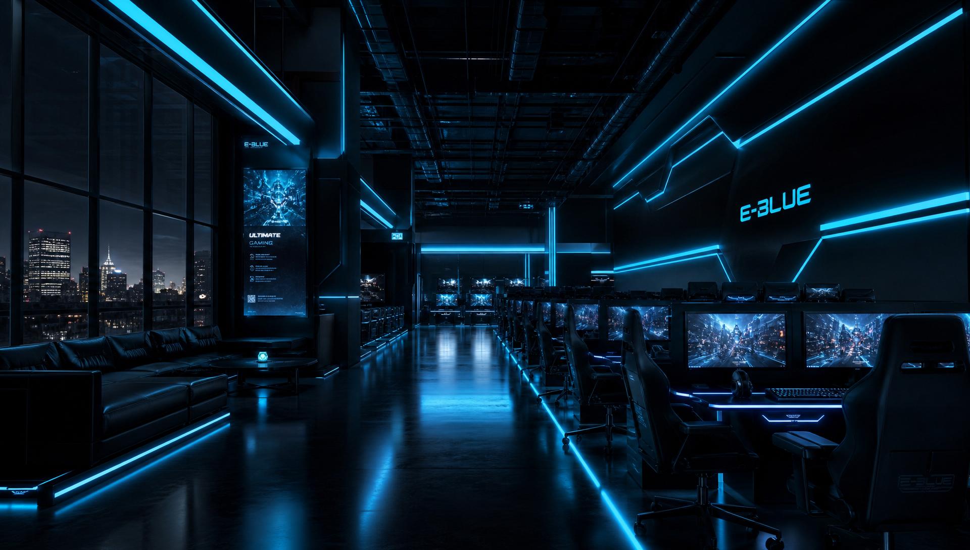 TRON gaming lounge interior with neon cyan lighting